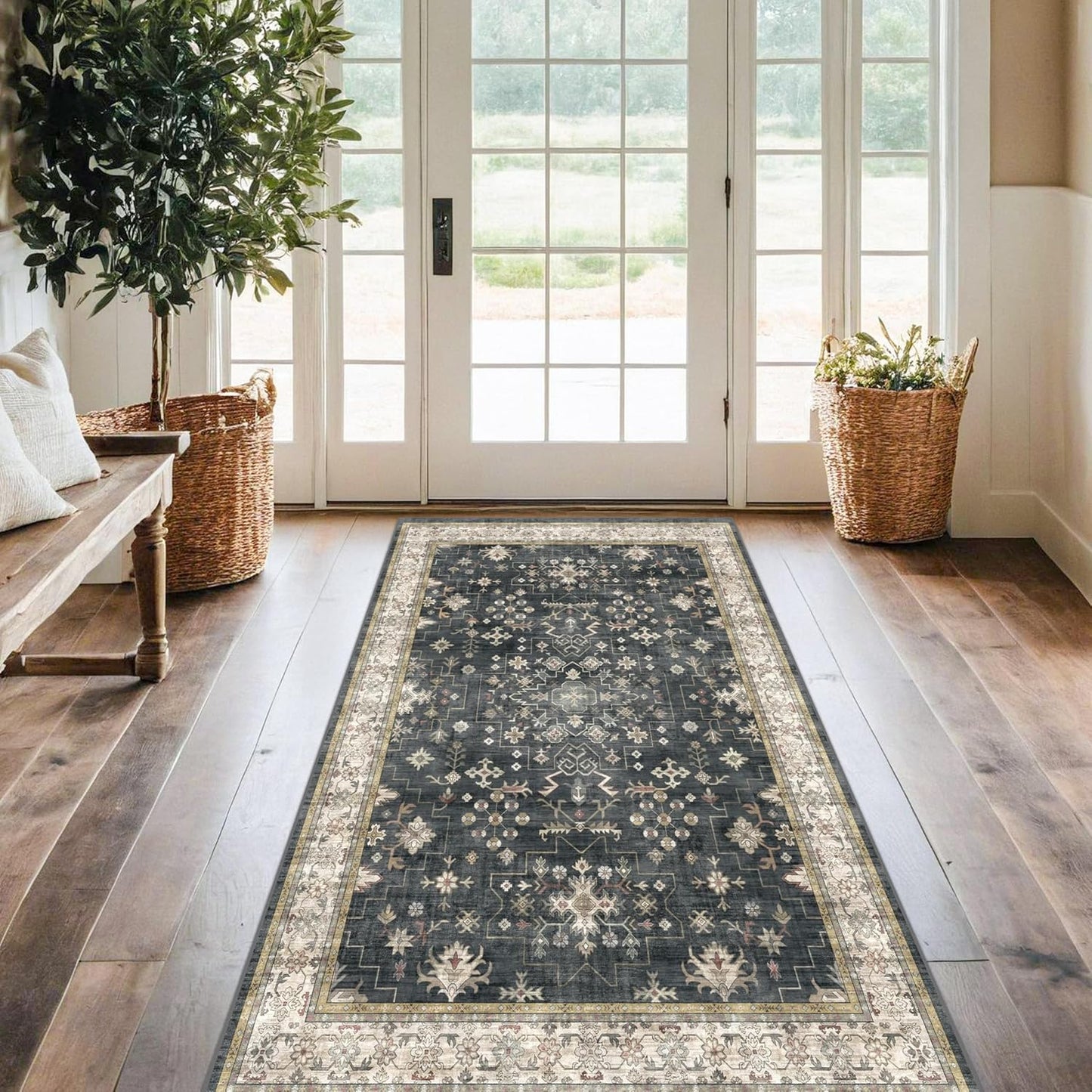 Green Area Rugs 9x12 Living Room - Washable Oriental Geometric, Extra Large for Bedroom Non Slip Soft Faux Wool Carpet for Dining Room Playroom, Lounge - Blue and Green Floral Rug