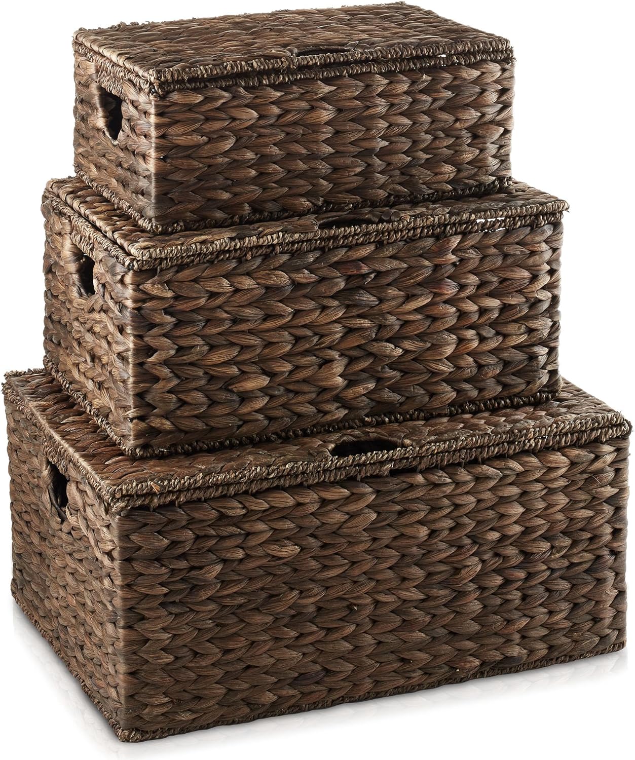 Casafield Set of 2 Water Hyacinth Rectangular Storage Baskets with Lids (Espresso - Medium/Large) for Bedroom, Bathroom, Laundry, Home Office