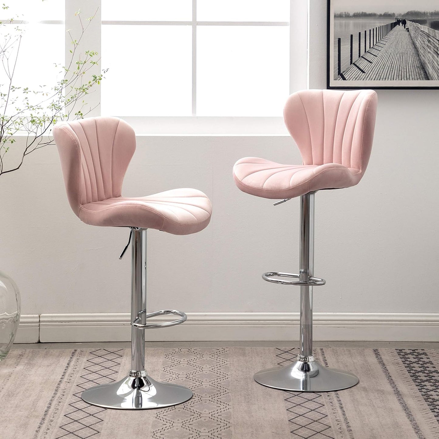 Roundhill Furniture Ellston Velvet Adjustable Swivel Barstools in Blue, Set of 2