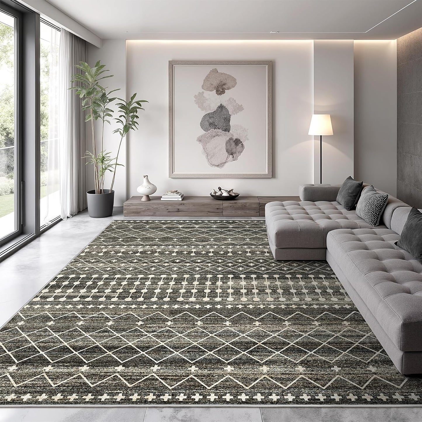 10x14 Area Rug for Living Room Moroccan Washable Rugs Non Slip Indoor Floor Carpet Foldable Large Soft Area Rug for Dining Room Bedroom with Low Pile(Grey,10'x14')