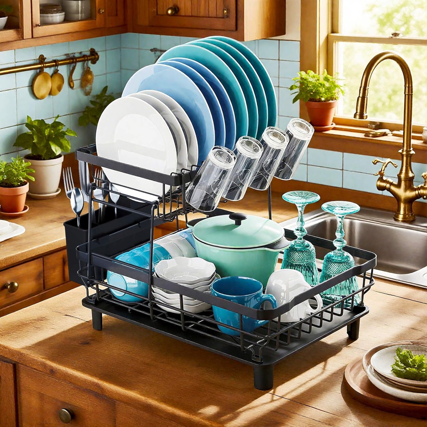 MOUKABAL Dish Drying Rack, Dish Rack, Stainless Steel Dish Racks for Kitchen Counter, Dish Drainer with Removable Utensil Holder, Drainboard (Black)