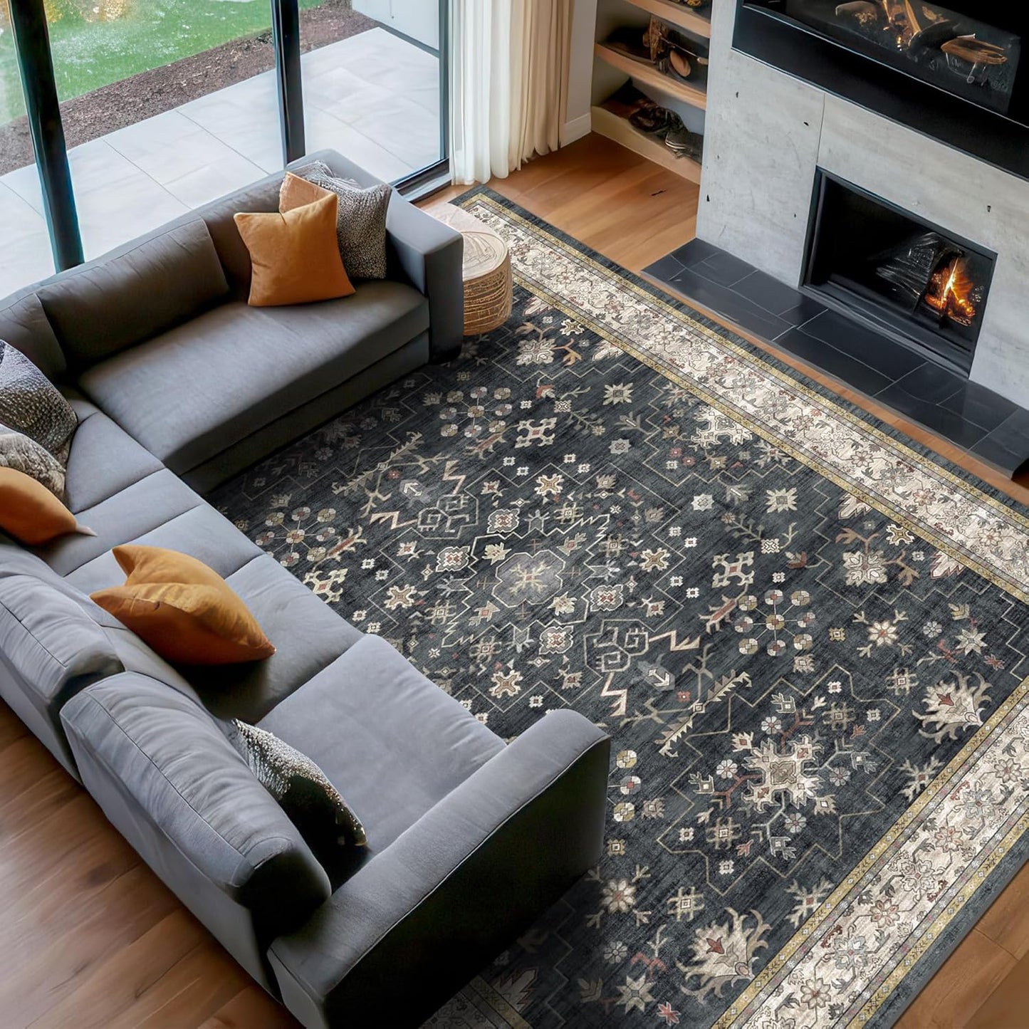 Green Area Rugs 9x12 Living Room - Washable Oriental Geometric, Extra Large for Bedroom Non Slip Soft Faux Wool Carpet for Dining Room Playroom, Lounge - Blue and Green Floral Rug
