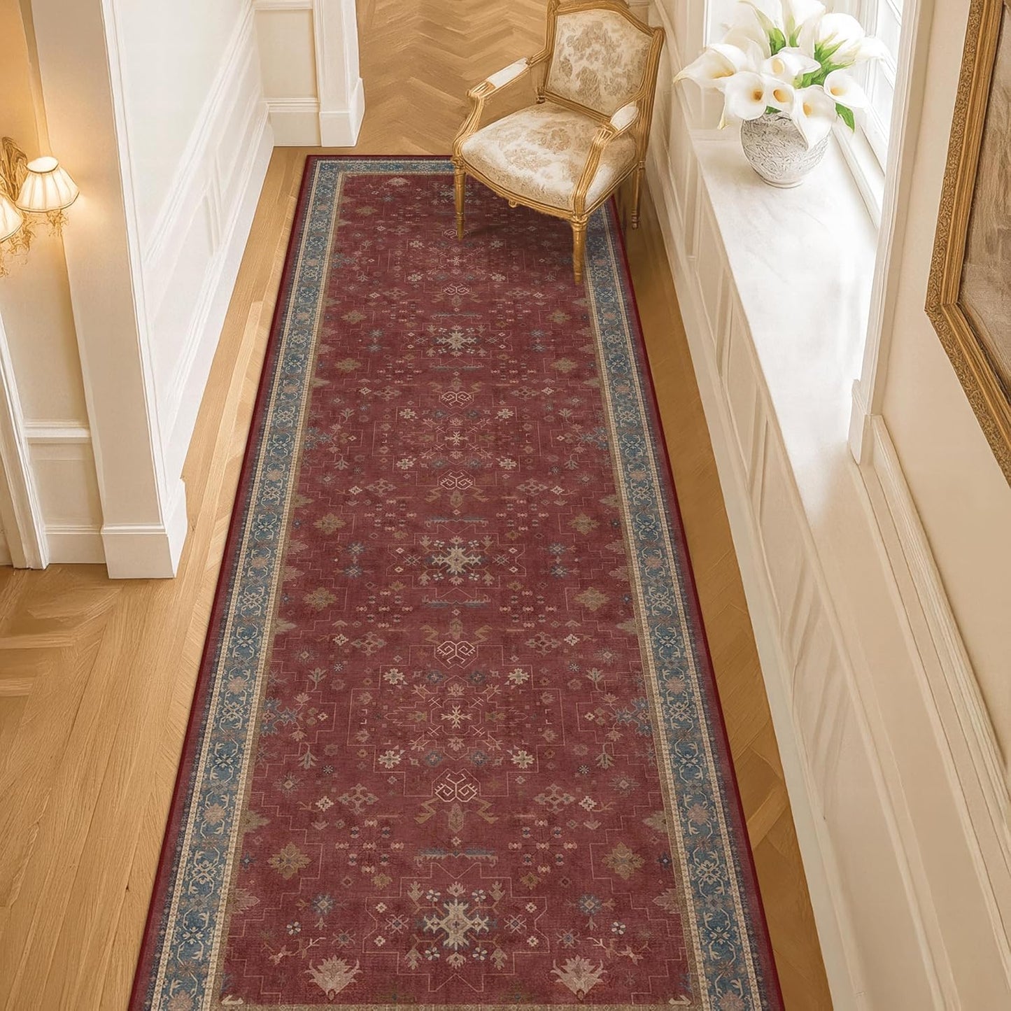 Green Area Rugs 9x12 Living Room - Washable Oriental Geometric, Extra Large for Bedroom Non Slip Soft Faux Wool Carpet for Dining Room Playroom, Lounge - Blue and Green Floral Rug