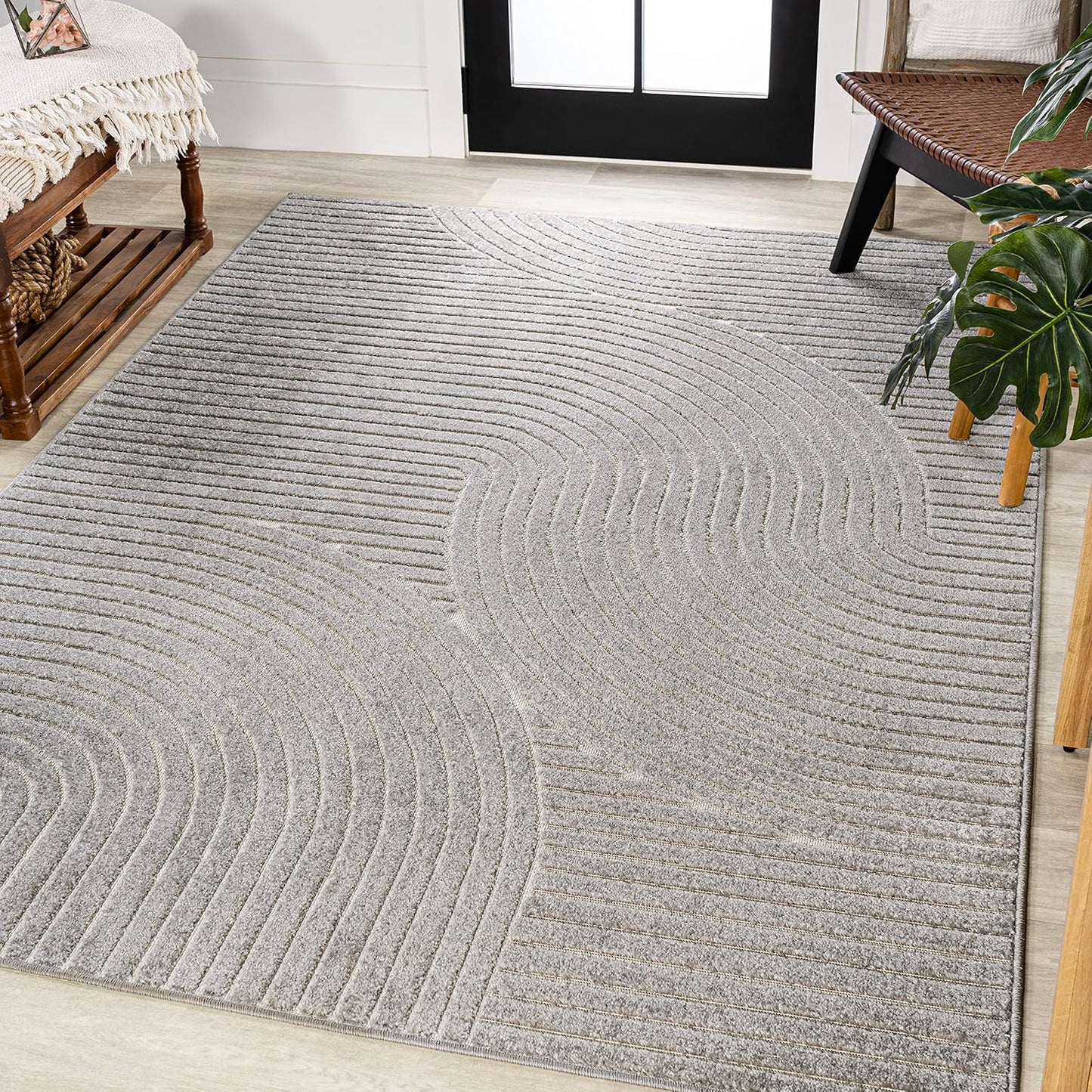 JONATHAN Y Hallie High-Low Curve Ivory/Cream Indoor/Outdoor Area Rug, 8x10, Minimalist, Pet Friendly, Non-Shedding, Stain Resistant, Hose-Washable for Backyard, Patio, Porch (SCN100B-8)