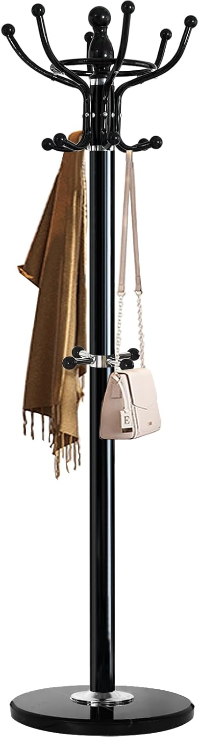 Kertnic Freestanding Coat Rack with 18 Hooks & Marble Base - Heavy Duty Metal Hall Tree Stand for Entryway, Hats, Coats, Bags Rack- Modern Hanger Organizer for Home, Office, Dorm (18 hooks -Black)