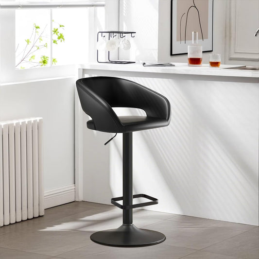 Adjustable Swivel Bar Stool with Arms, Hollow Back & Footrest, Modern PU Leather Counter Height Stools, Gas Lift Bar Chair for Kitchen Island, Home Bar, Dining Room (Black, Black Base)