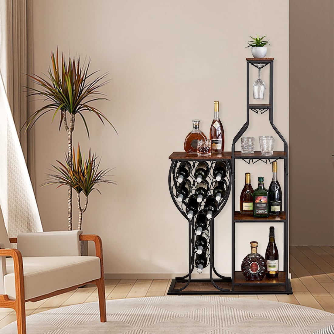 5-Tier Wine Rack Freestanding Floor, 11 Bottles Modern Wooden Wine Holder-Storage Cabinet for Home Bar, Kitchen, Dining Room Space Saving Bar Stand with Easy Assembly.(Deep red)