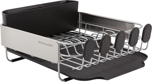 KitchenAid Compact, Space Saving Rust Resistant Dish Rack with Removable Flatware Caddy and Angled Self Draining Drainboard, 16.06-Inch, Black
