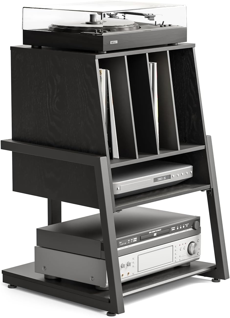 FITUEYES Design Record Player Stand with Vinyl Record Storage, Turntable Stand with Station up to 120 pcs, Small Entertainment Center for Living Room, Eiffel Series