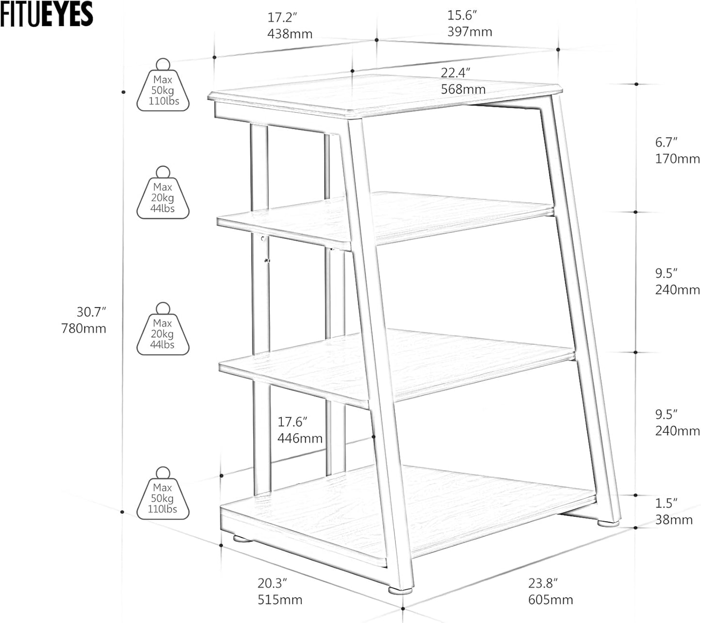 FITUEYES Design 4-Tier AV Media Stand Corner Shelf for Record Player Wooden Stereo Cabinet Audio Rack Tower with Height Adjustable Wooden Shelves for ps4 (Walnut)