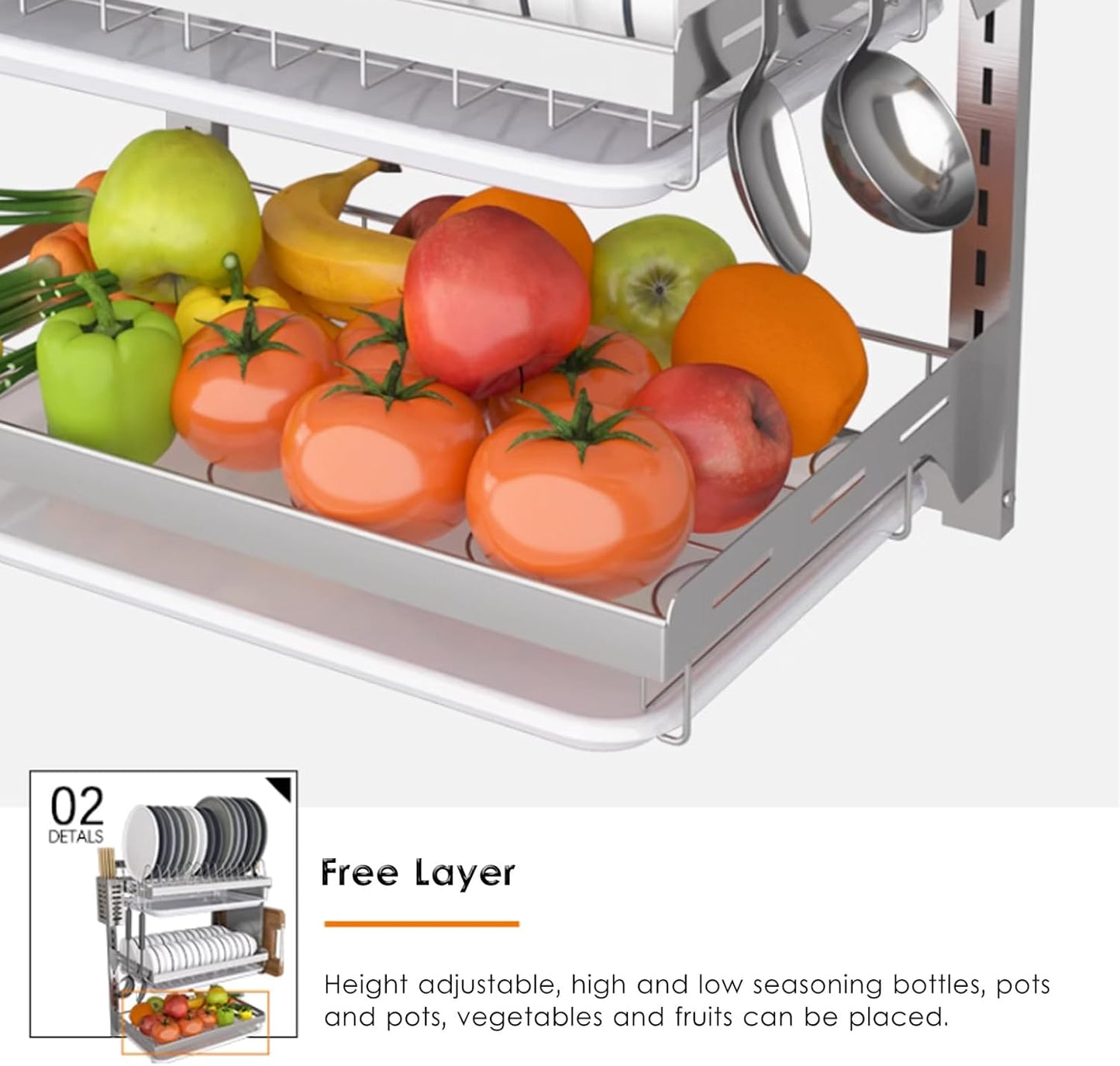 304 Stainless Steel Wall-Mounted Dish Drying Rack, Adjustable Height Dish Drainer with Cutting Board Holder, Dish Rack for Kitchen Organizer Space Saver - Silver