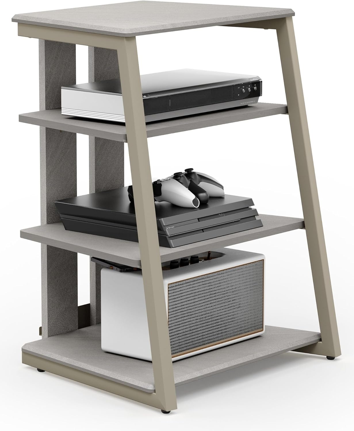FITUEYES Design 4-Tier AV Media Stand Corner Shelf for Record Player Wooden Stereo Cabinet Audio Rack Tower with Height Adjustable Wooden Shelves for ps4 (Walnut)