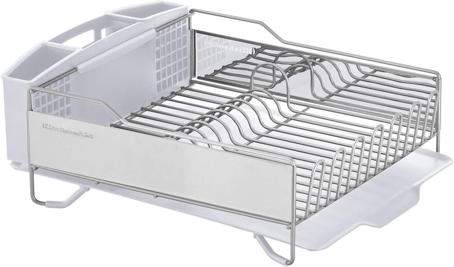 KitchenAid Large Capacity Full Size Rust Resistant Dish Rack with Angled Drain Board and Removable Flatware Caddy, Light Grey