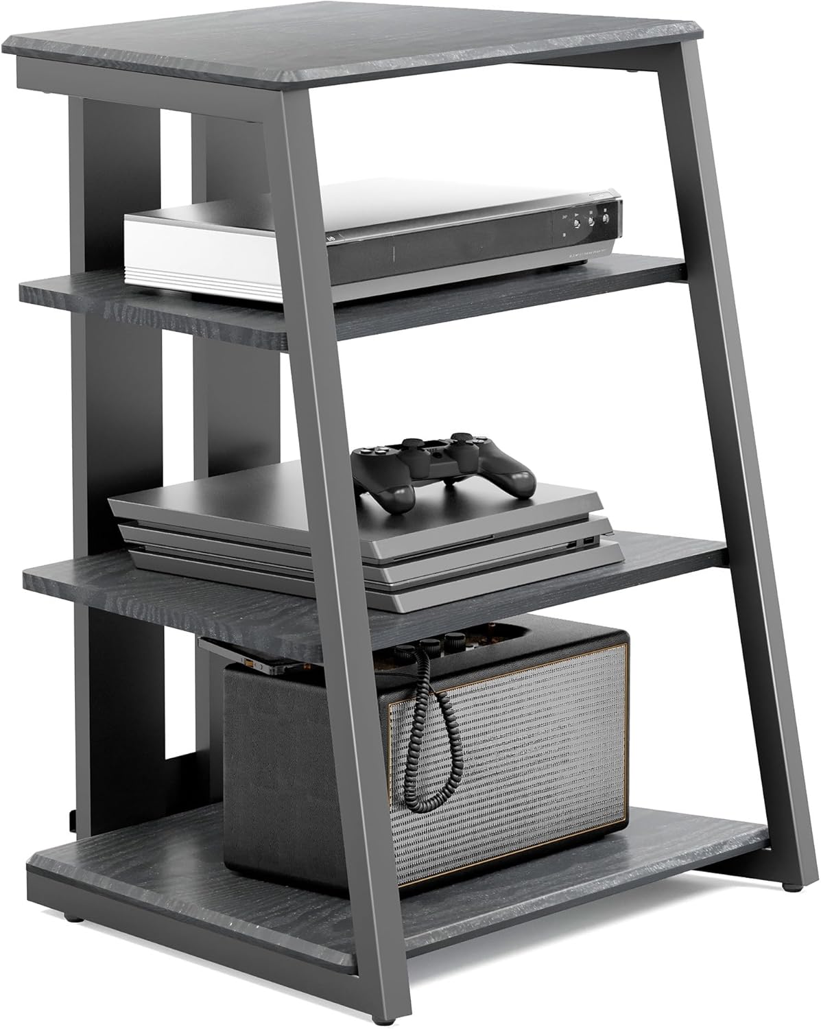 FITUEYES Design 4-Tier AV Media Stand Corner Shelf for Record Player Wooden Stereo Cabinet Audio Rack Tower with Height Adjustable Wooden Shelves for ps4 (Walnut)