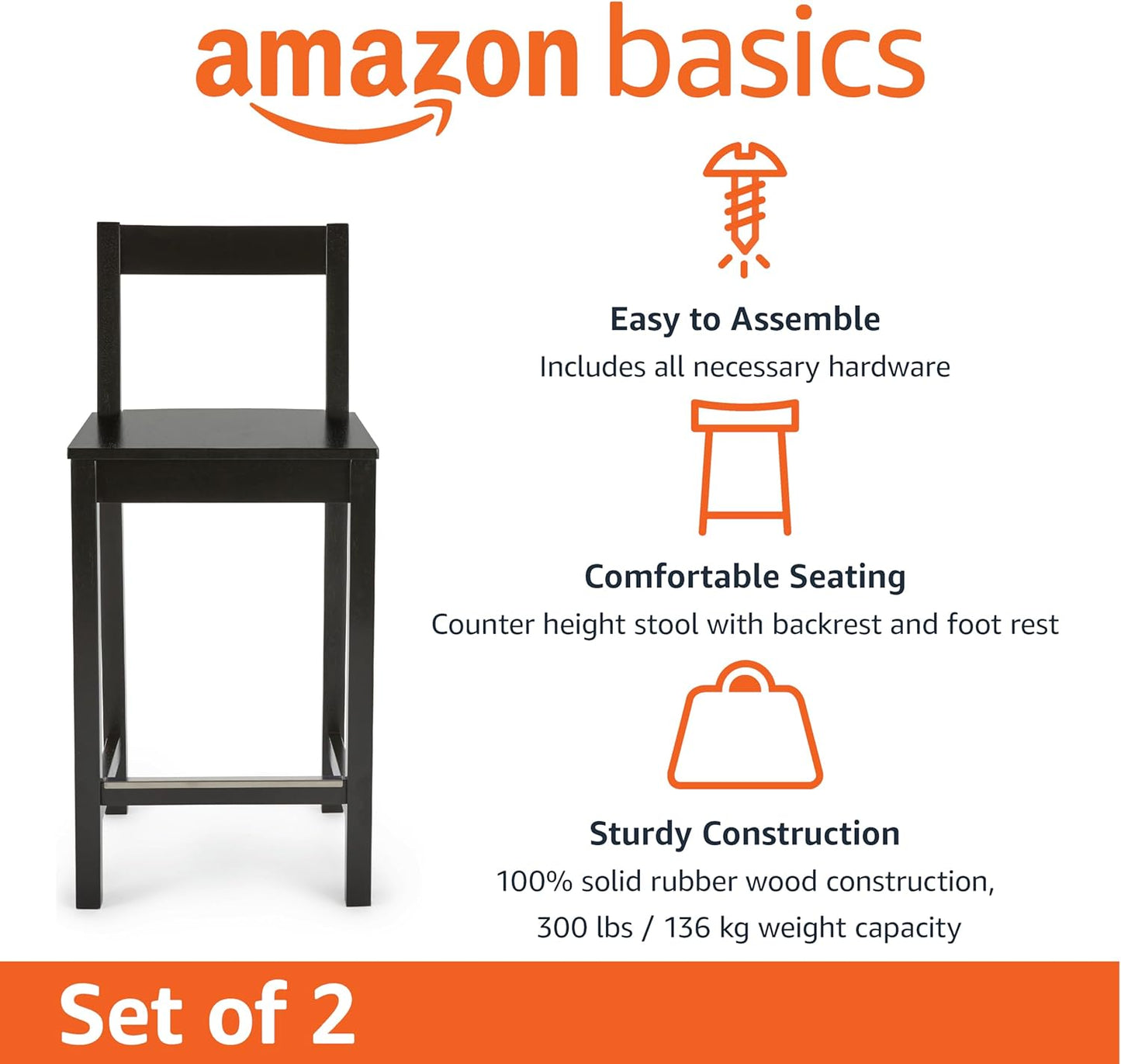 Amazon Basics Wooden Bar Stool with Backrest 24", Black, Set of 2