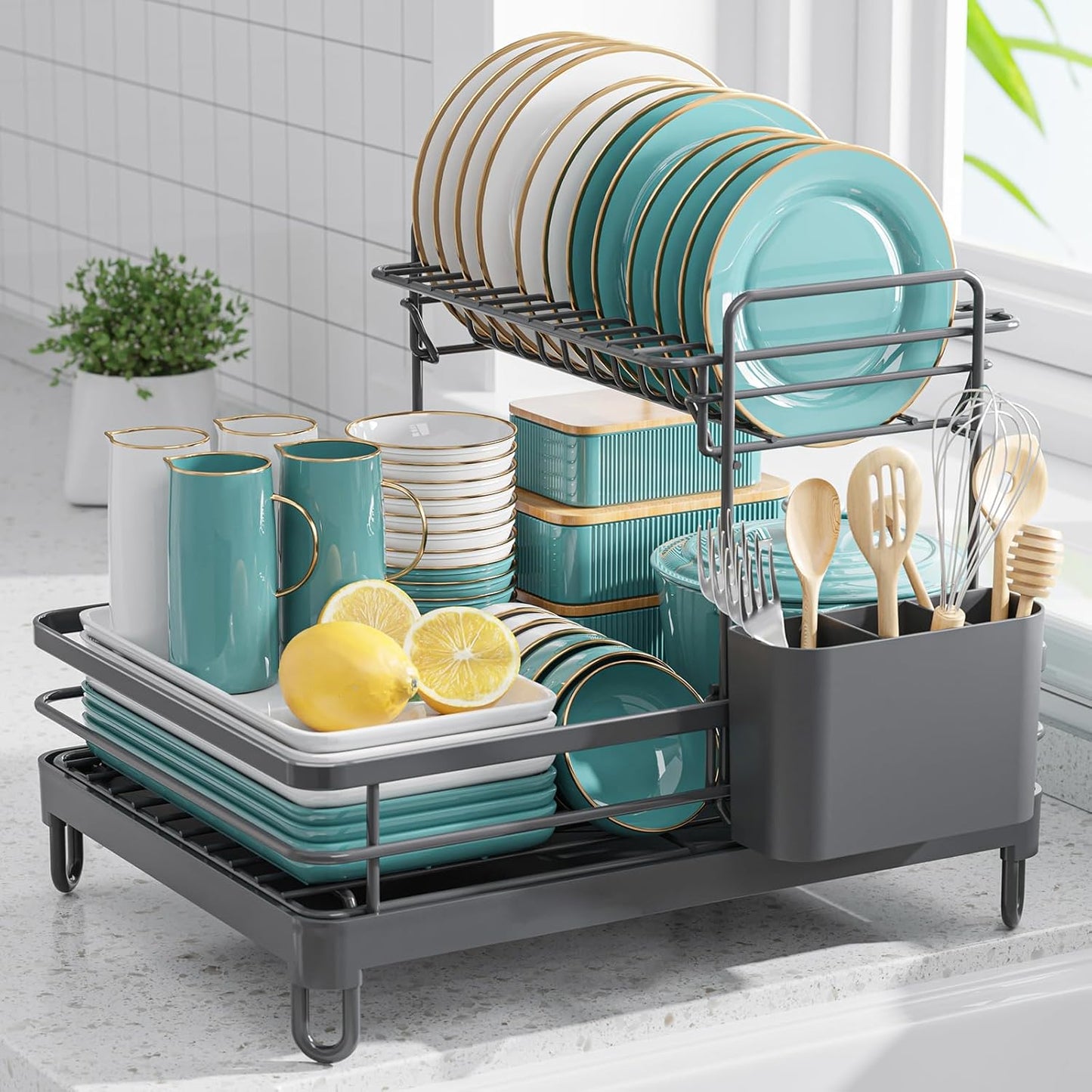 Dish Drying Rack - X-Large Stainless Steel Dish Rack for Kitchen Counter, 2-Tier Kitchen Organizers and Storage for Dishes, Bowls, Cutlery, Black