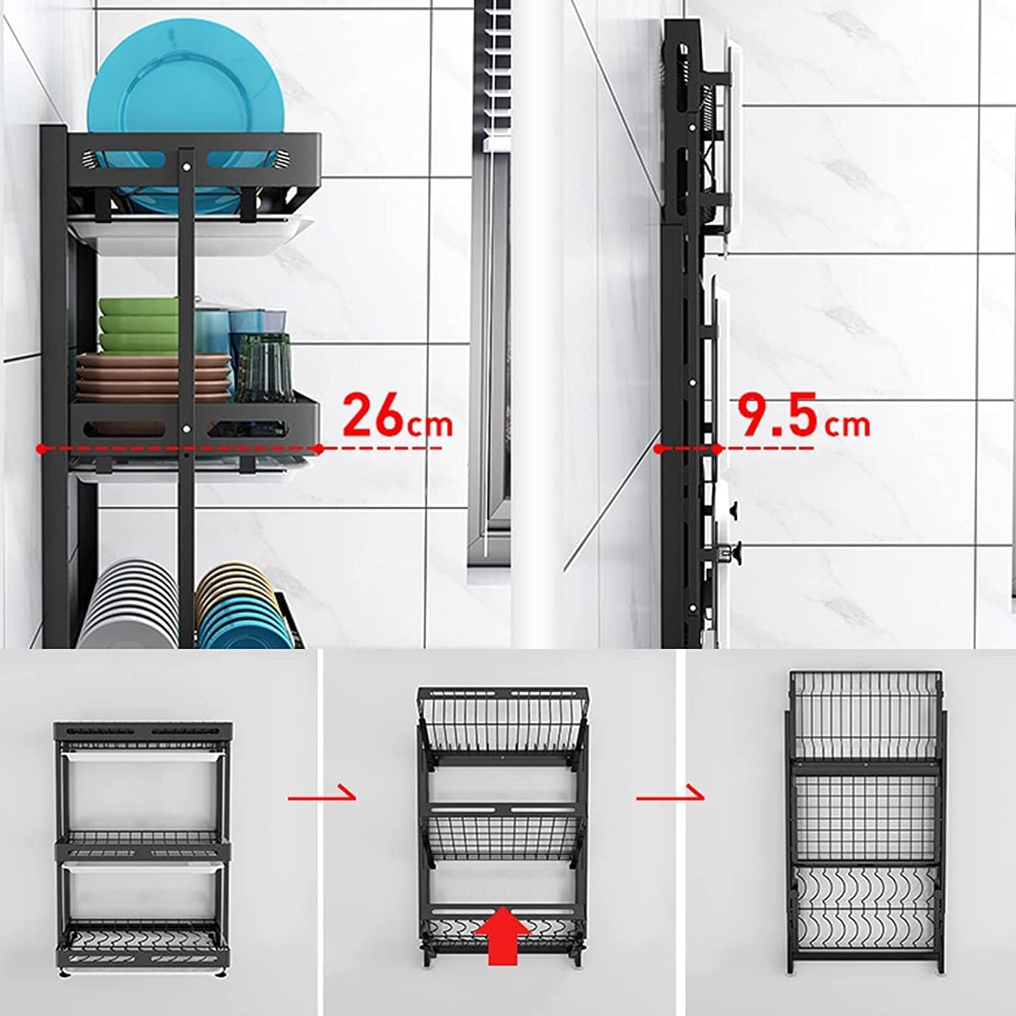 Dish Drying Racks Kitchen Wall-mounted Stainless Steel Dish Rack Drain Rack With Drain Pan, Foldable Stainless Steel Dish Rack,Kitchen Storage Shelf,Draining Board