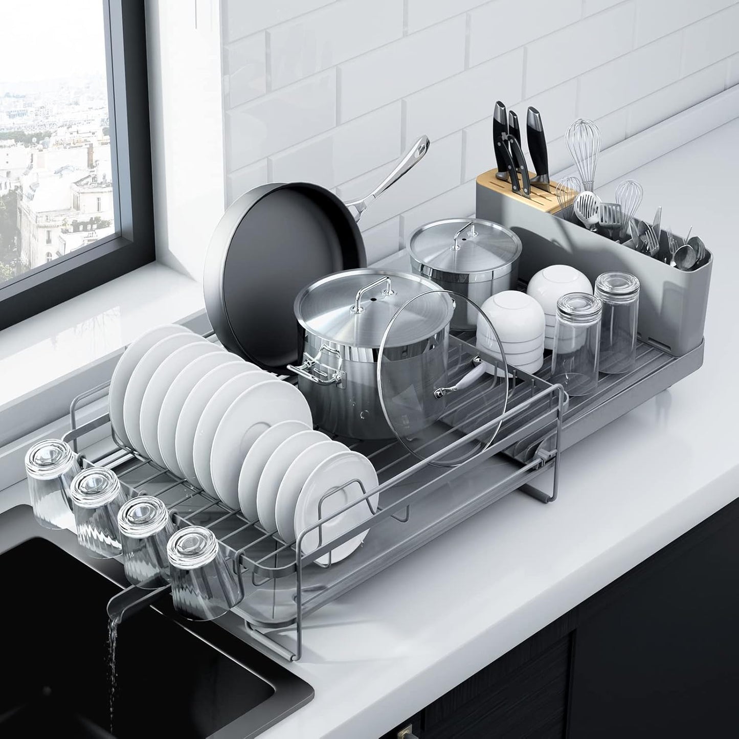 Kitsure Large Dish Drying Rack - Extendable Dish Rack, Multifunctional Dish Rack for Kitchen Counter, Anti-Rust Dish Drainers with Cutlery & Cup Holders 19.2"-26.7" L x 12.9" W, Black