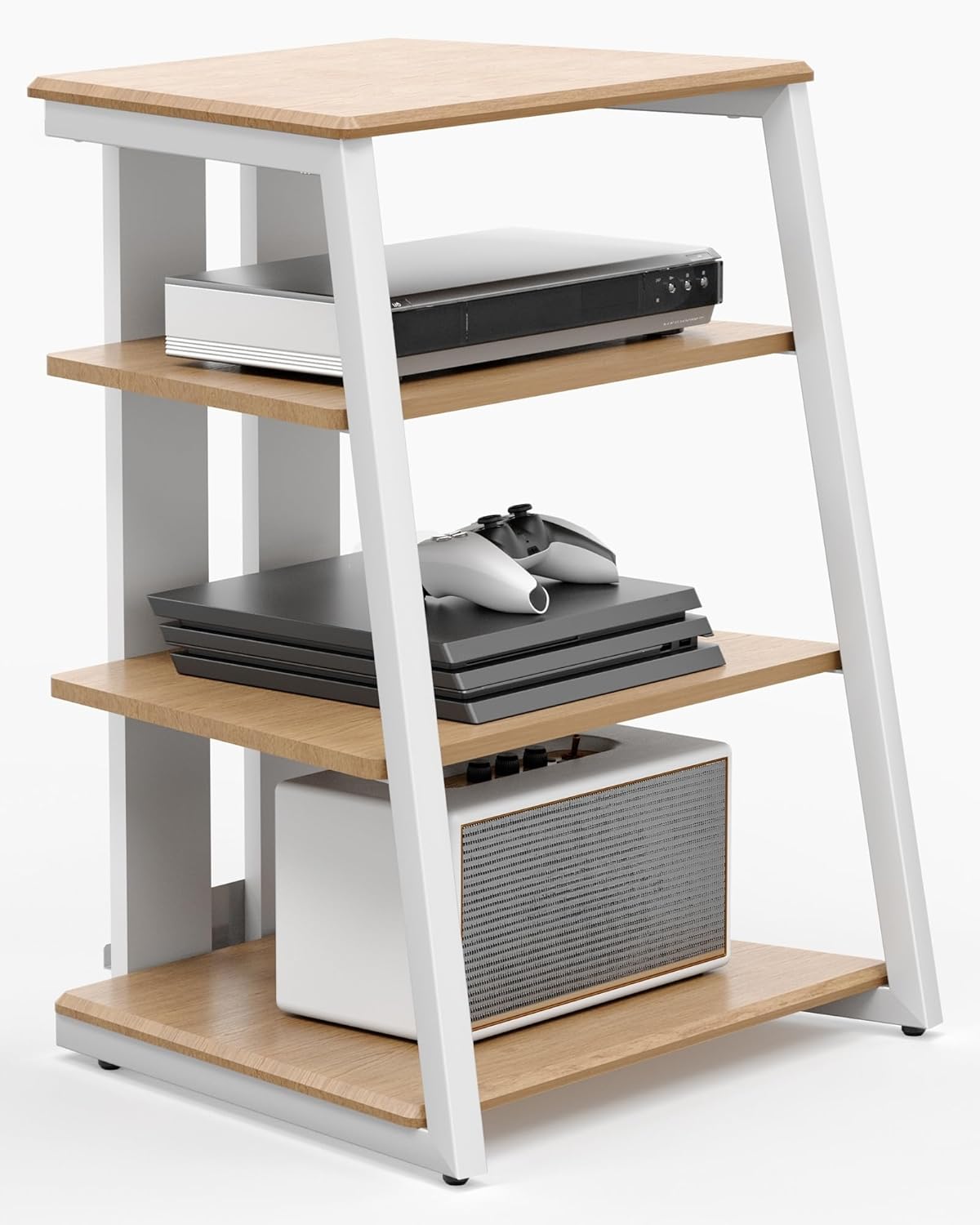 FITUEYES Design 4-Tier AV Media Stand Corner Shelf for Record Player Wooden Stereo Cabinet Audio Rack Tower with Height Adjustable Wooden Shelves for ps4 (Walnut)