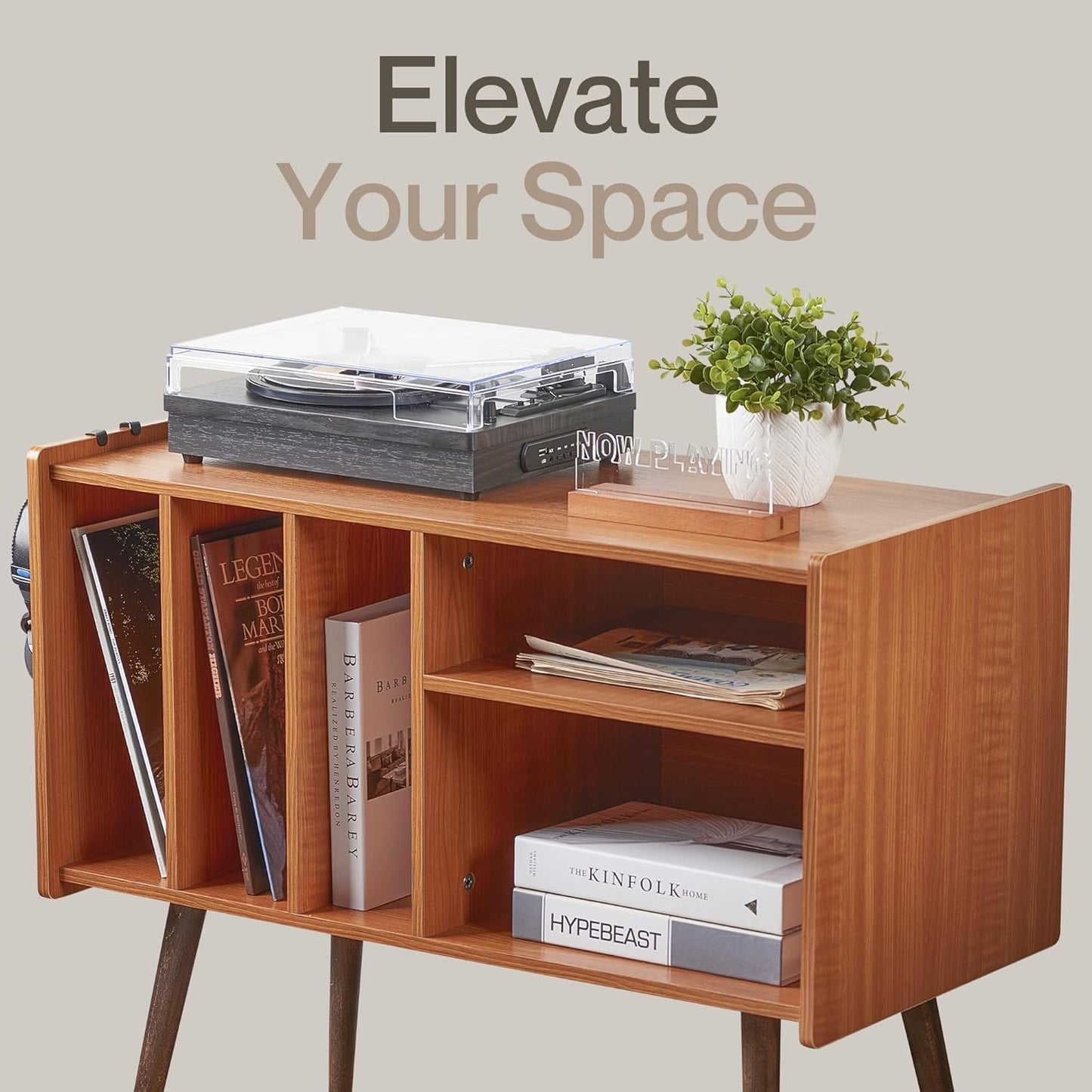 LOFT + IVY Record Player Stand with Vinyl Storage – Turntable Table with Shelves and Backboard – Walnut Wood Frame Vinyl Record Storage with Headphone Hook – Compact Audio Stand with Stabilizers
