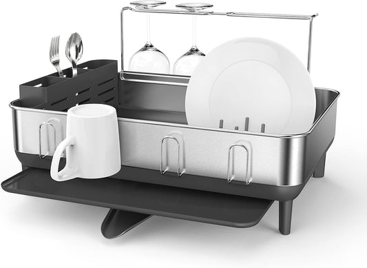 simplehuman Large Capacity Dish Drying Rack with Stainless Steel Frame, 360º Easy Drain Swivel Spout, Utensil & Wine Glass Holder, Anti-Residue Coating, Moisture Control Surface, Grey
