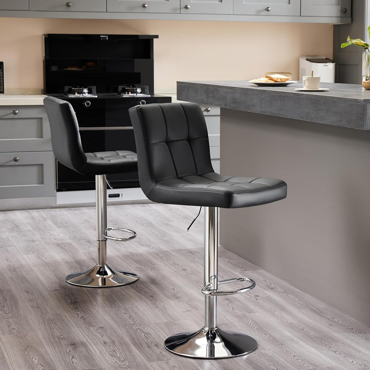 Sweetcrispy Bar Stools Set of 2, Armless PU Leather Adjustable Swivel Barstools, Hydraulic Kitchen Counter Height Thickened Seat Cushion Square Island Countertop Chairs with Back, Light Black