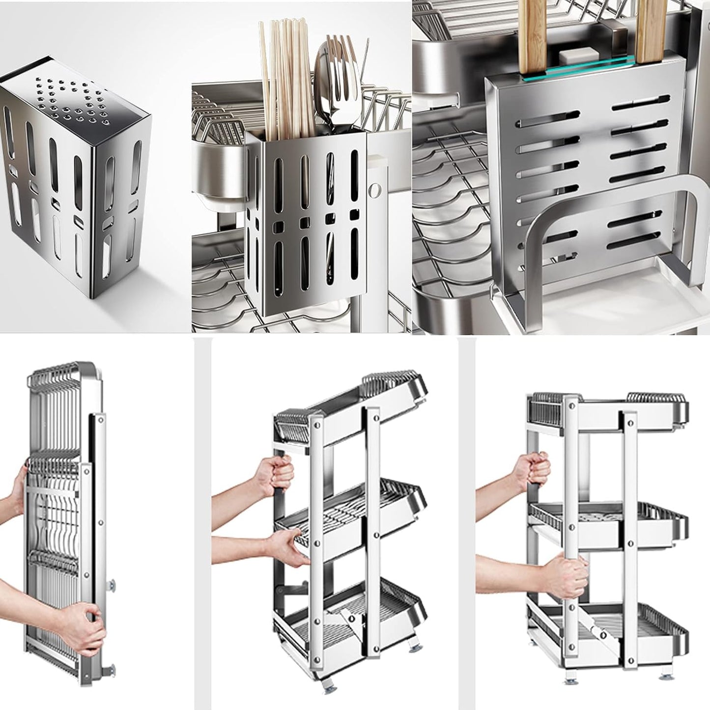 Dish Drainers Kitchen Wall-Mounted Stainless Steel Dish Rack Drain Rack with Drain Pan,Foldable Dish Rack,Cutting Boards,Utensil,Cutlery Holder,Plate Rack for Kitchen Counter,3-Tier Dish D