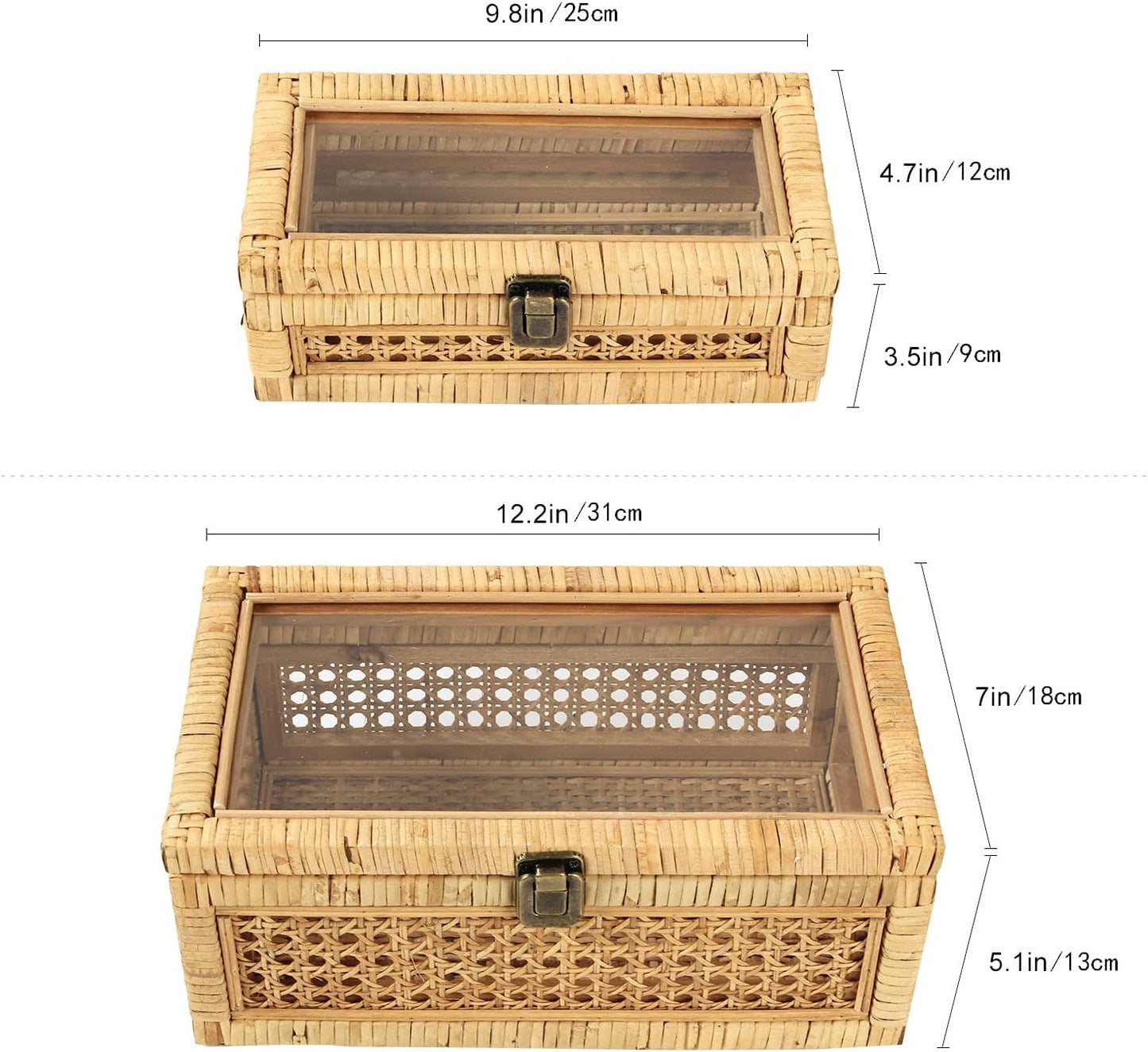 Rattan Decorative Box with Lid, Rectangular Woven with Glass for Display, Set of 2 Wicker for Decor