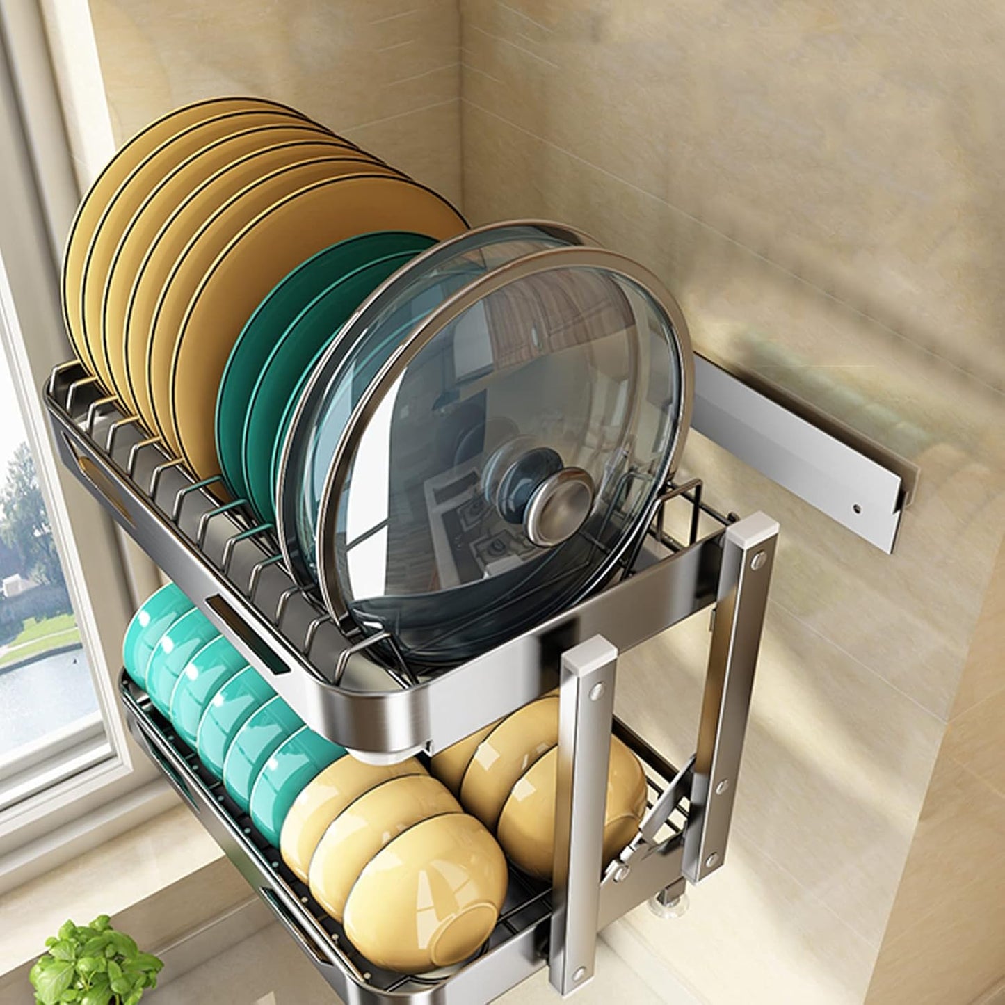 Dish Drainers Kitchen Wall-Mounted Stainless Steel Dish Rack Drain Rack with Drain Pan,Foldable Dish Rack,Cutting Boards,Utensil,Cutlery Holder,Plate Rack for Kitchen Counter,3-Tier Dish D