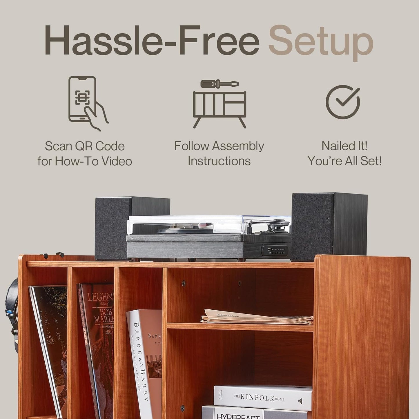 LOFT + IVY Record Player Stand with Vinyl Storage – Turntable Table with Shelves and Backboard – Walnut Wood Frame Vinyl Record Storage with Headphone Hook – Compact Audio Stand with Stabilizers
