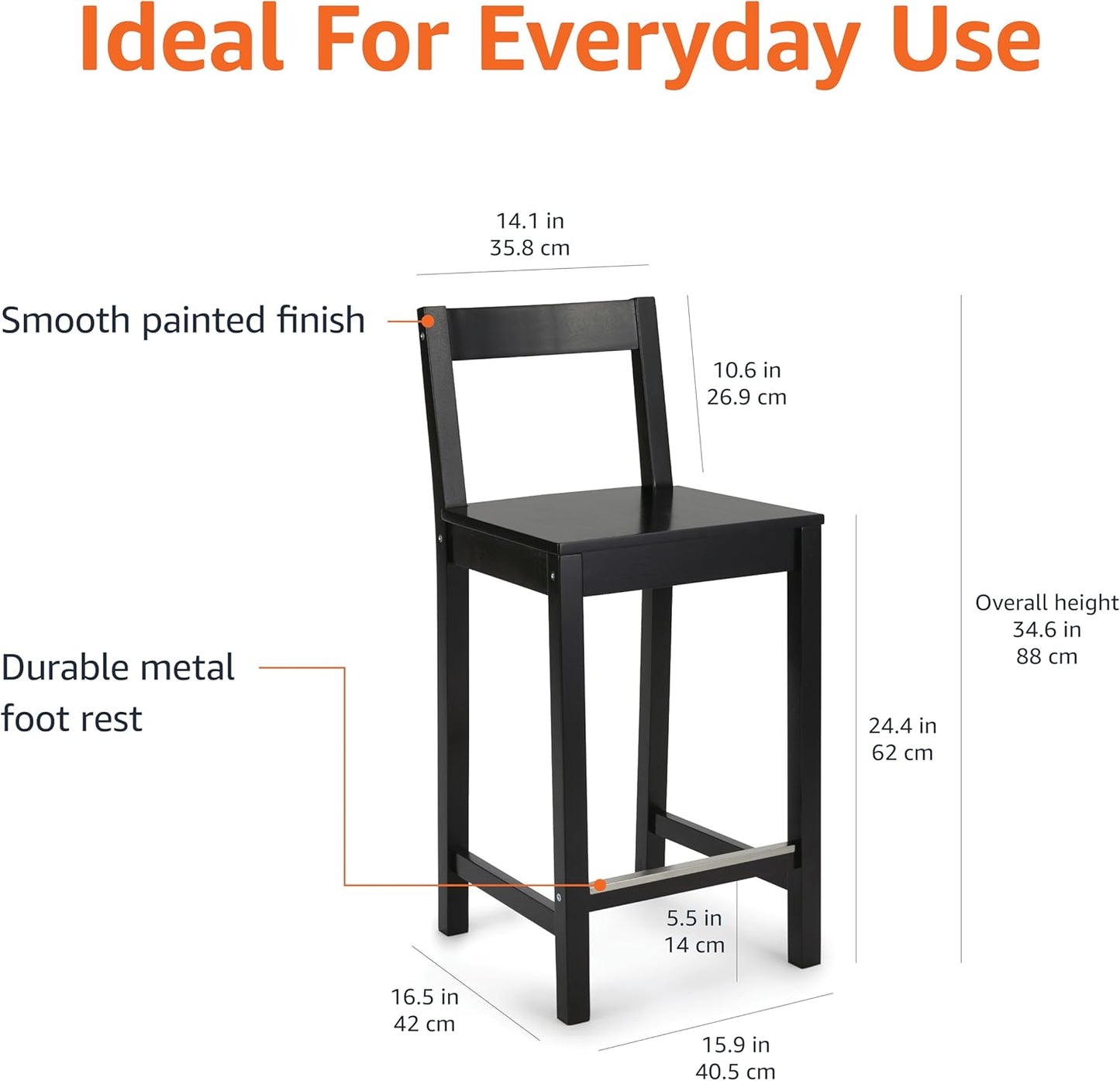 Amazon Basics Wooden Bar Stool with Backrest 24", Black, Set of 2