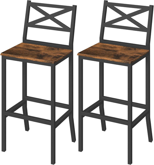 Bar Stools, Set of 2 Bar Chairs with Backrest and Footrest, 26" Tall Counter Bar Stools, Kitchen Breakfast Bar Chairs, Easy Assembly, for Dining Room, Rustic Brown BAHR0901N1