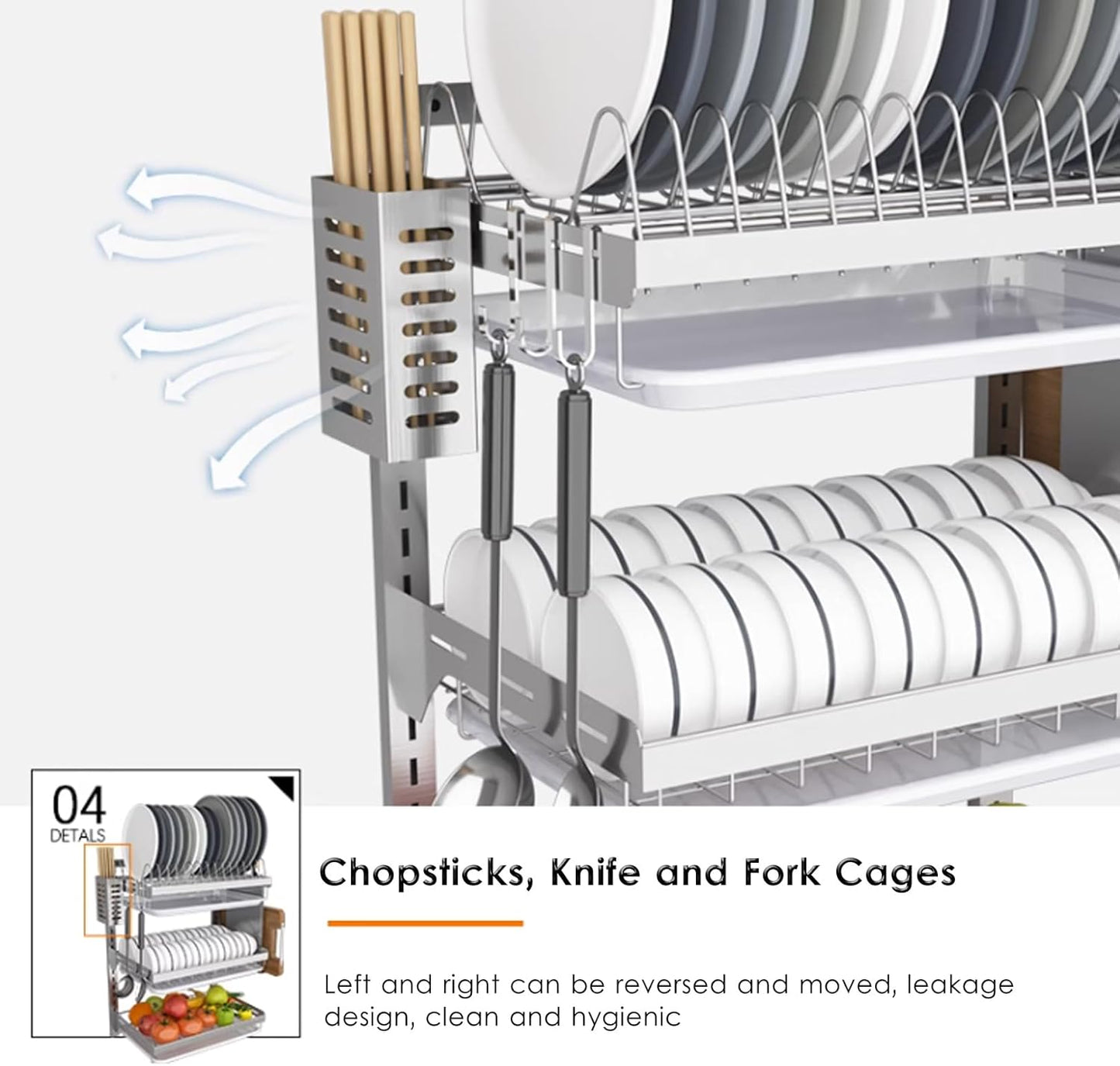 304 Stainless Steel Wall-Mounted Dish Drying Rack, Adjustable Height Dish Drainer with Cutting Board Holder, Dish Rack for Kitchen Organizer Space Saver - Silver