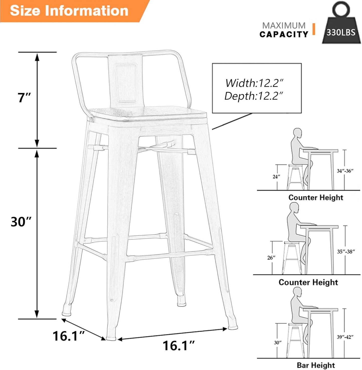 Yongchuang 30 inch Bar Stools Set of 4 Bar Height Metal Barstools with Wood Seat Low Back Kitchen Bar Chairs Matte Black