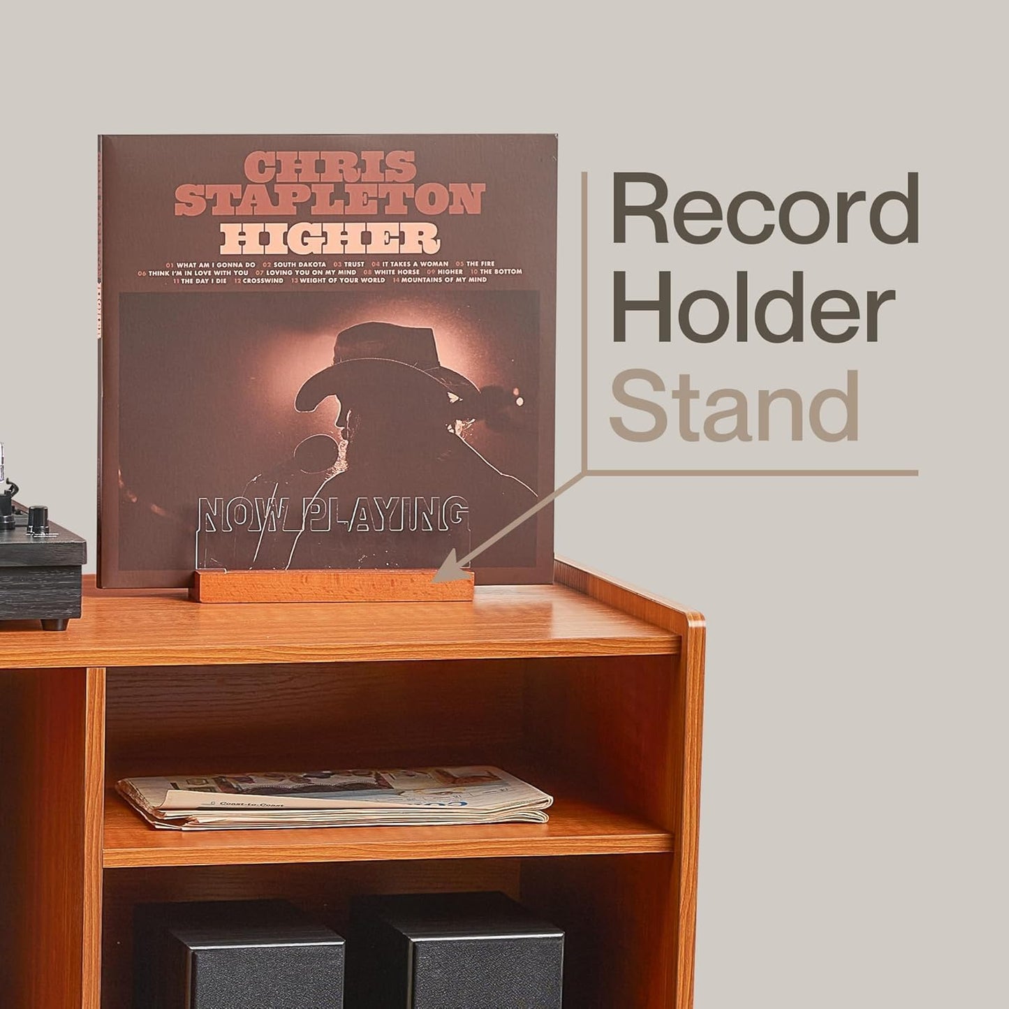 LOFT + IVY Record Player Stand with Vinyl Storage – Turntable Table with Shelves and Backboard – Walnut Wood Frame Vinyl Record Storage with Headphone Hook – Compact Audio Stand with Stabilizers
