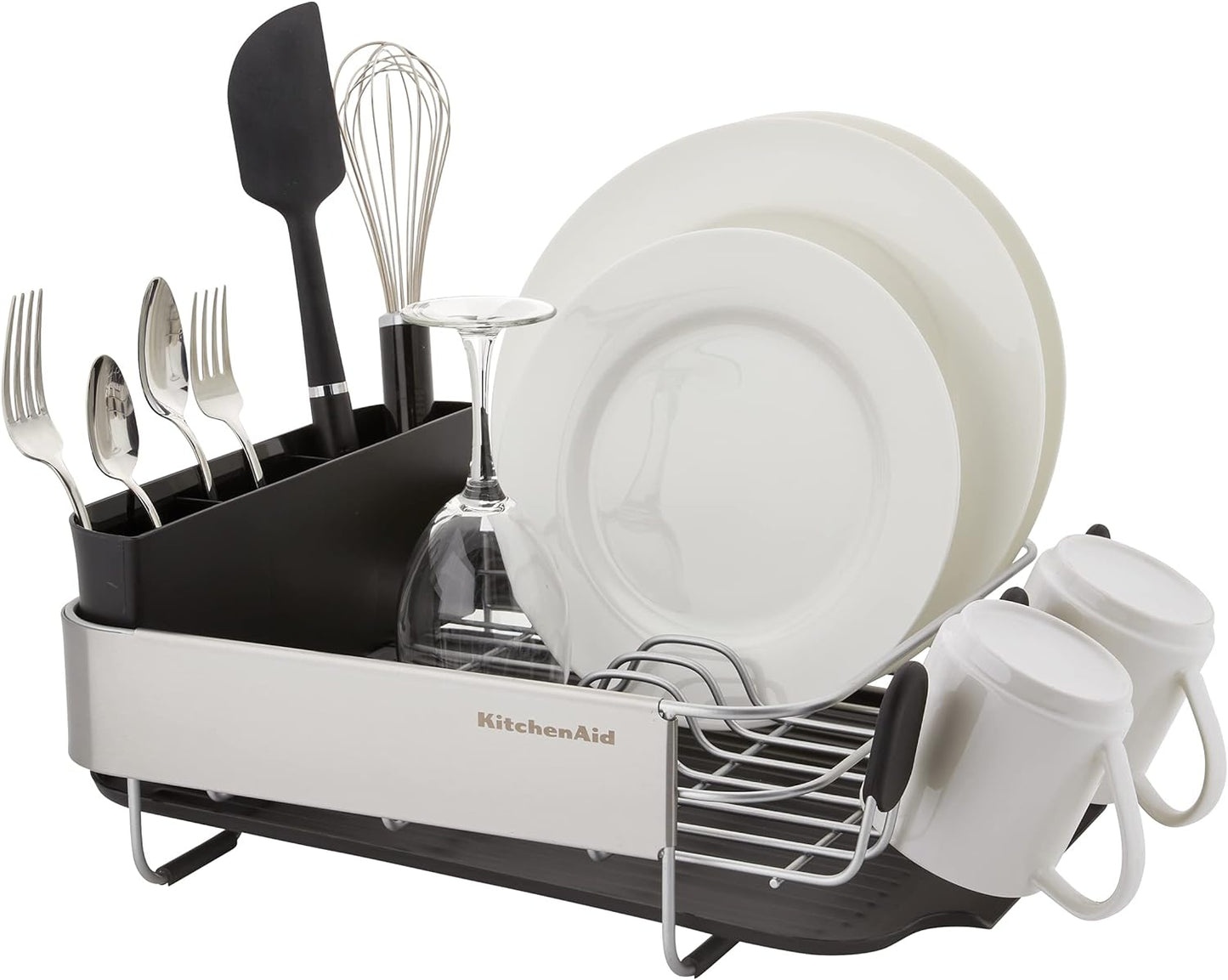 KitchenAid Compact, Space Saving Rust Resistant Dish Rack with Removable Flatware Caddy and Angled Self Draining Drainboard, 16.06-Inch, Black