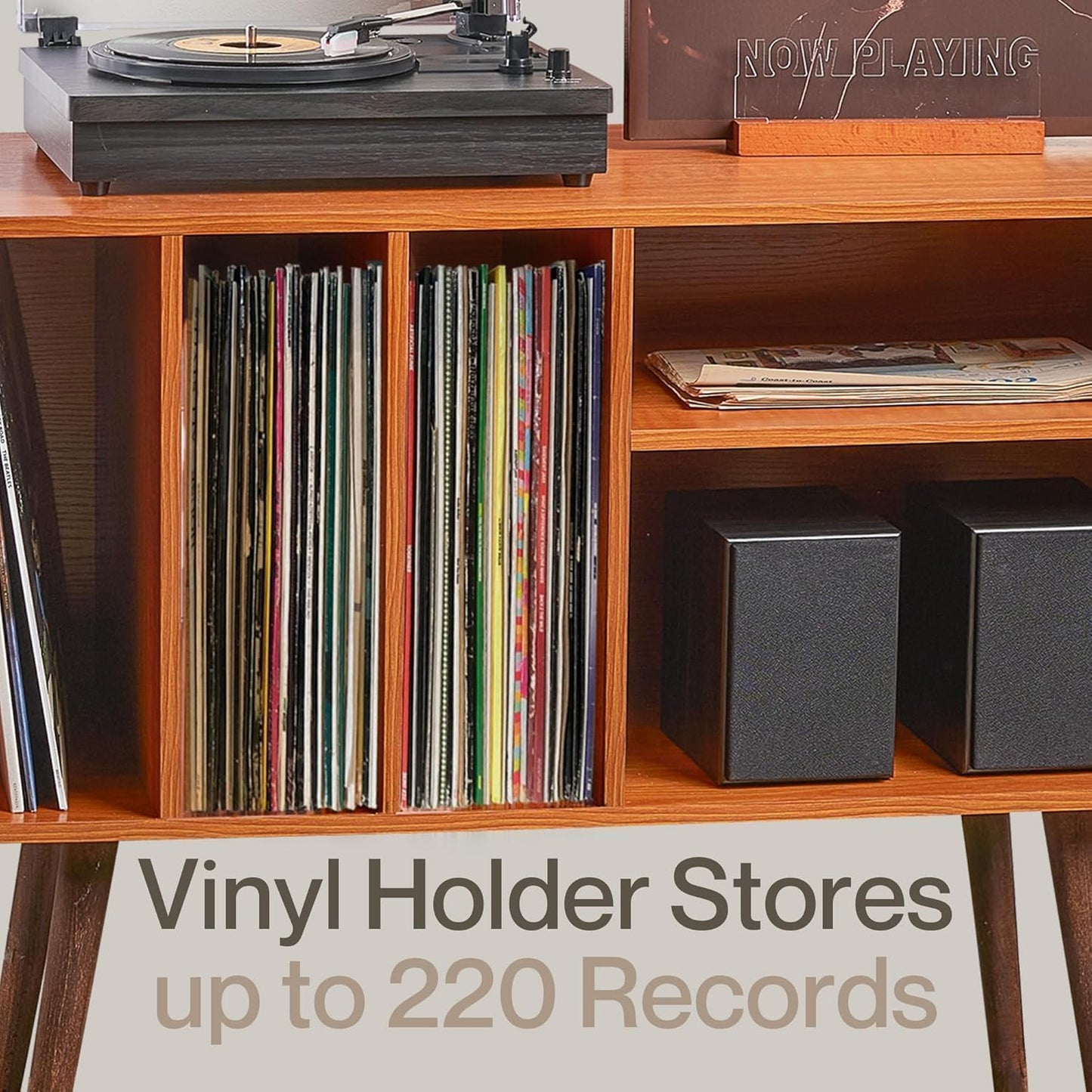 LOFT + IVY Record Player Stand with Vinyl Storage – Turntable Table with Shelves and Backboard – Walnut Wood Frame Vinyl Record Storage with Headphone Hook – Compact Audio Stand with Stabilizers