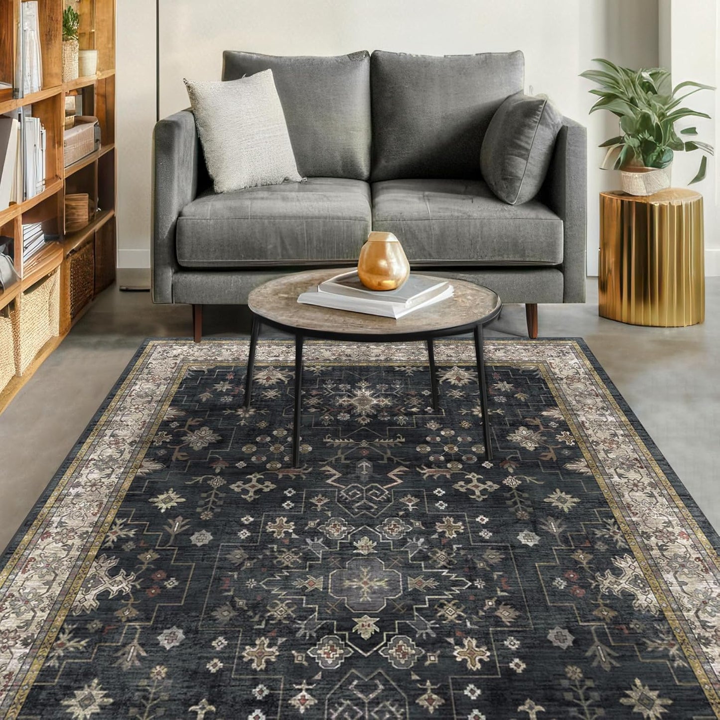 Green Area Rugs 9x12 Living Room - Washable Oriental Geometric, Extra Large for Bedroom Non Slip Soft Faux Wool Carpet for Dining Room Playroom, Lounge - Blue and Green Floral Rug