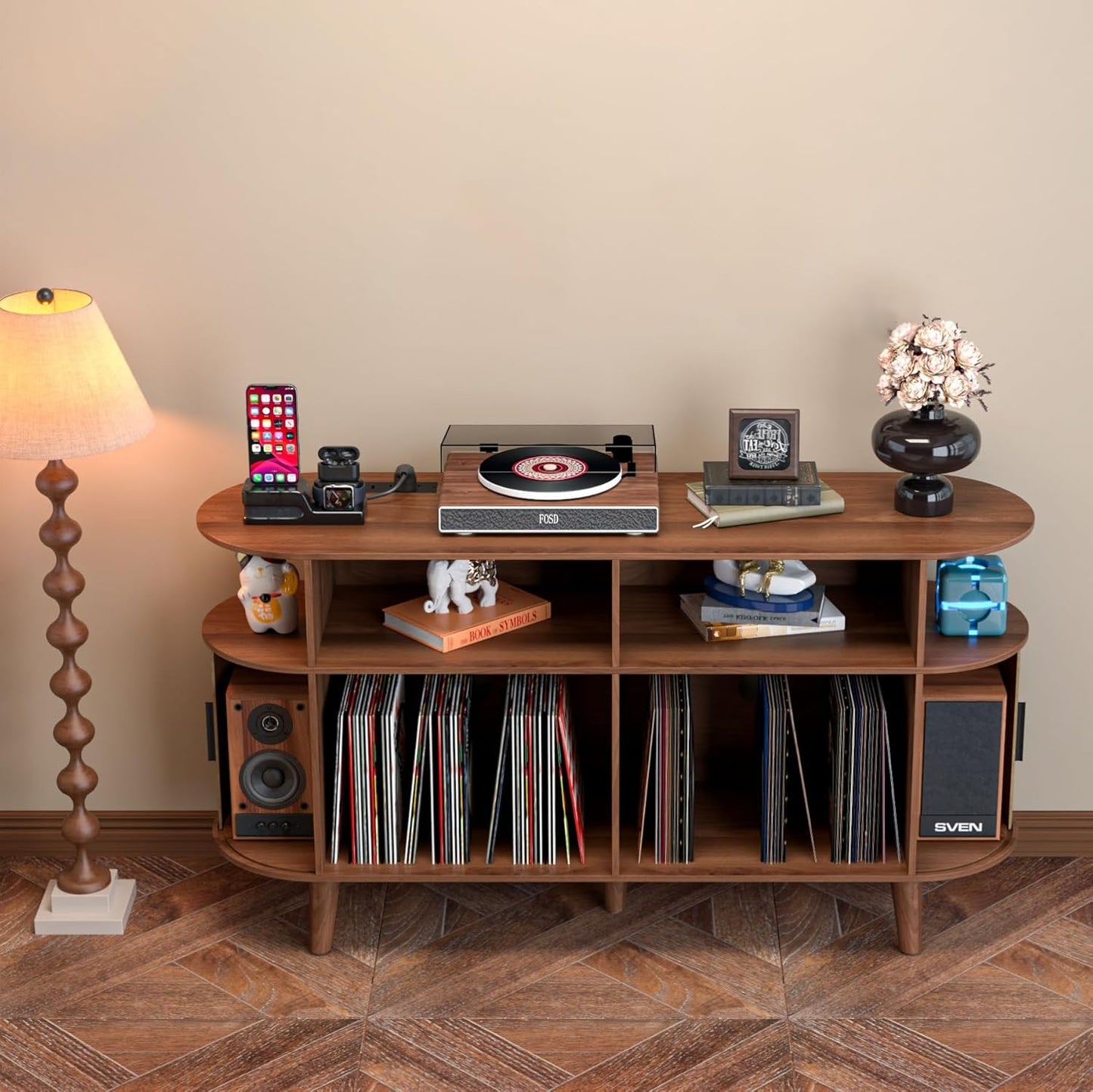 Large Round Record Player Stand with Charging Station & USB Ports，Record Storage Cabinet, Mid Century Modern Turntable Stand for Bedroom Living Room (Walnut)