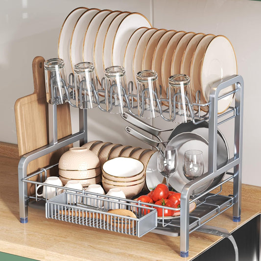 BOOSINY 2 Tier Dish Drying Rack and Drainboard Set, Large Stainless Steel Dish Drainers for Kitchen Counter, Plates Strainer Shelf with Cup Holder（Sliver）