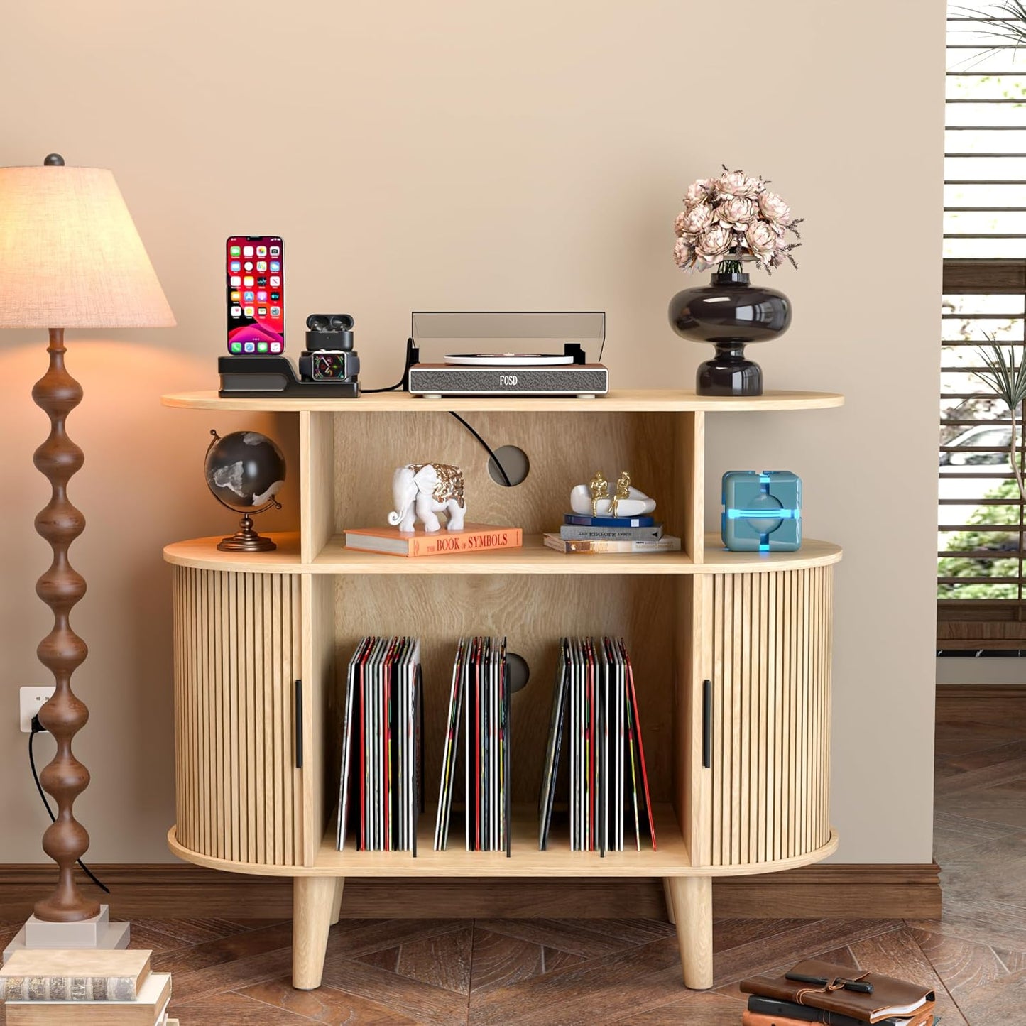 Large Round Record Player Stand with Charging Station & USB Ports，Record Storage Cabinet, Mid Century Modern Turntable Stand for Bedroom Living Room (Walnut)