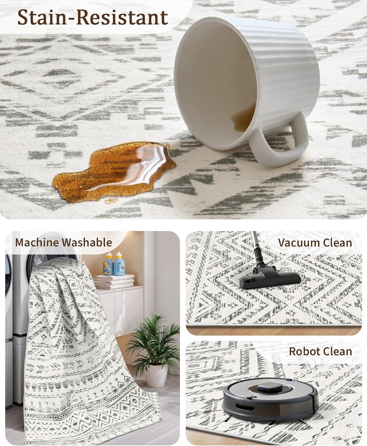 10x14 Area Rug for Living Room Moroccan Washable Rugs Non Slip Indoor Floor Carpet Foldable Large Soft Area Rug for Dining Room Bedroom with Low Pile(Grey,10'x14')