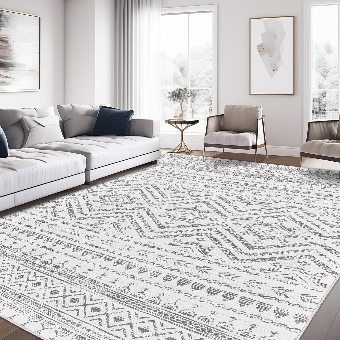 10x14 Area Rug for Living Room Moroccan Washable Rugs Non Slip Indoor Floor Carpet Foldable Large Soft Area Rug for Dining Room Bedroom with Low Pile(Grey,10'x14')