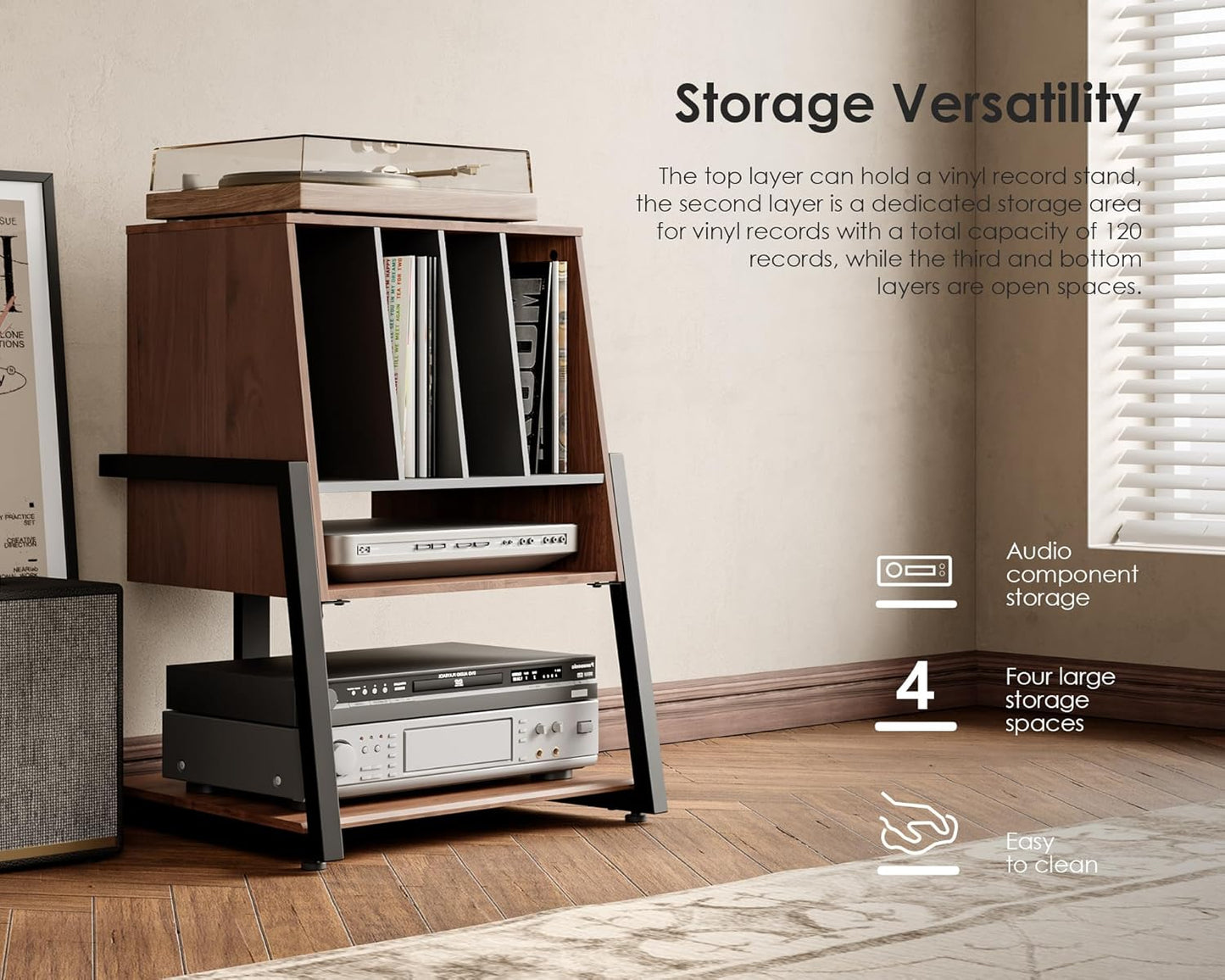 FITUEYES Design Record Player Stand with Vinyl Record Storage, Turntable Stand with Station up to 120 pcs, Small Entertainment Center for Living Room, Eiffel Series