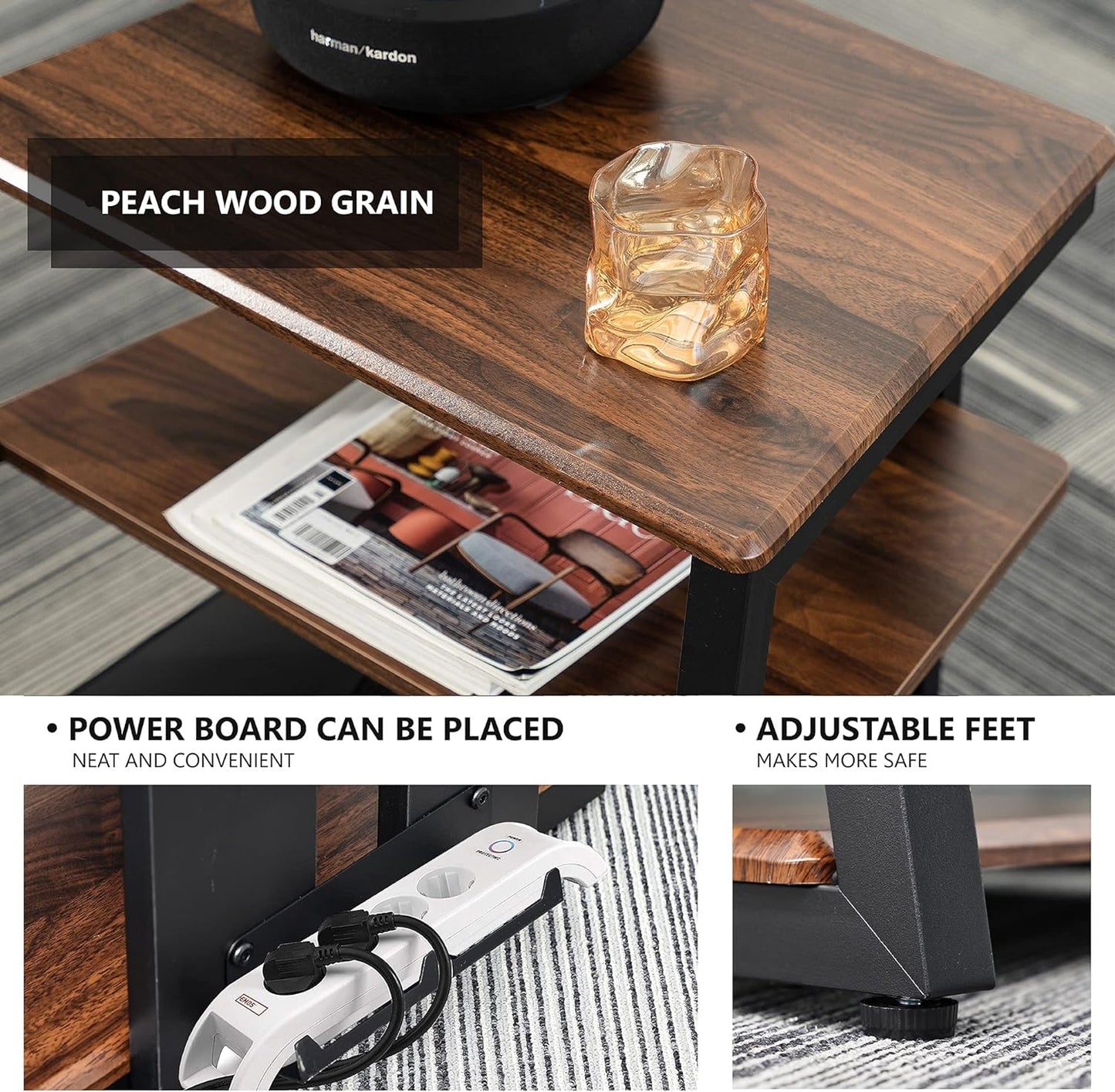 FITUEYES Design 4-Tier AV Media Stand Corner Shelf for Record Player Wooden Stereo Cabinet Audio Rack Tower with Height Adjustable Wooden Shelves for ps4 (Walnut)