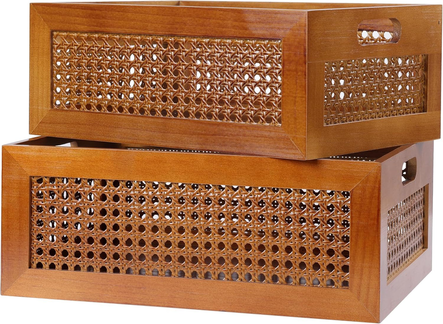 Wooden Storage Basket Set of 4 Handmade Rattan Drawer Storage Box with Frame & Handles Decorative Natural Bamboo Woven Bins Rustic Farmhouse Decor Home Office Tabletop Shelf Organizer
